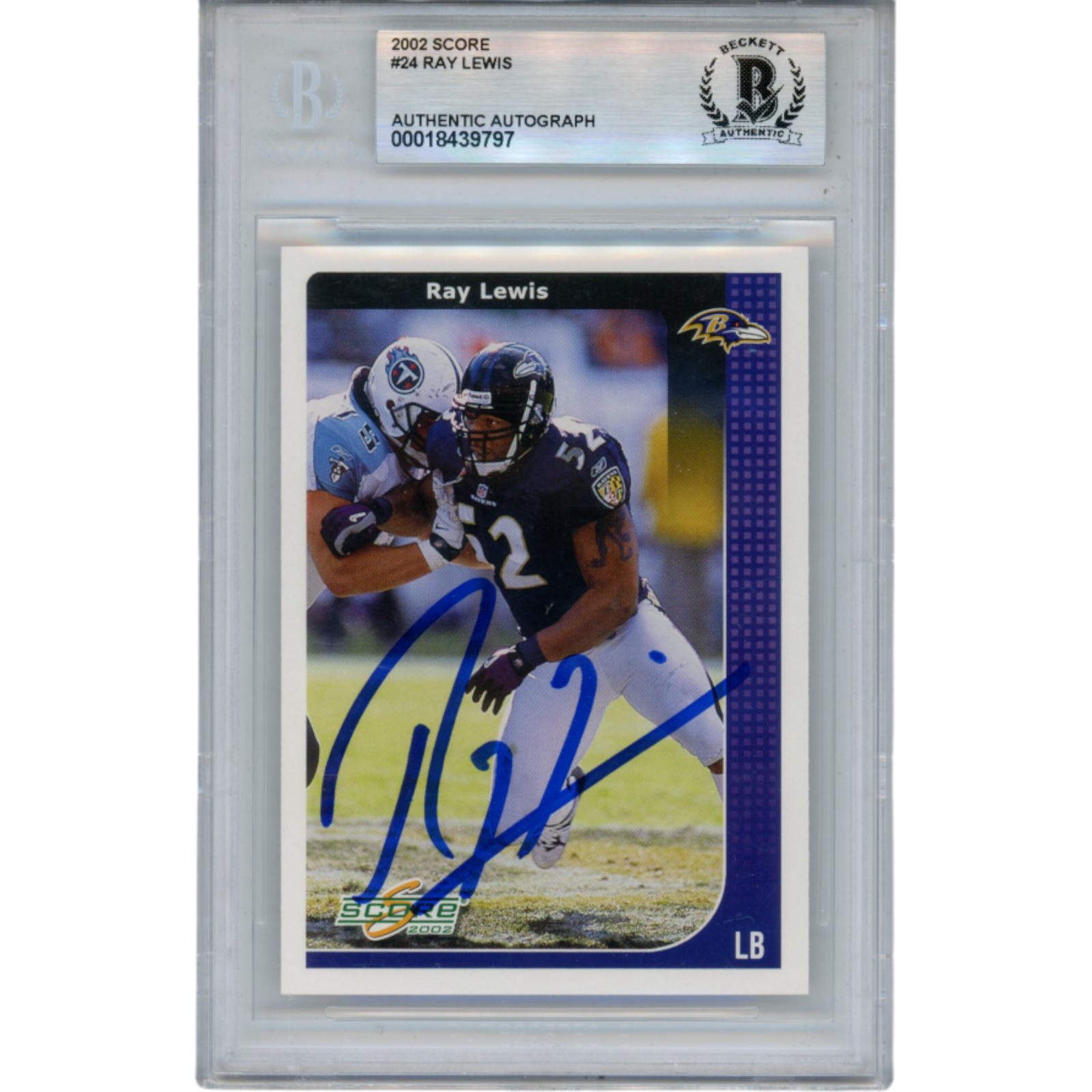 Ray Lewis Autographed/Signed 2002 Score #24 Trading Card Slab Beckett 53504