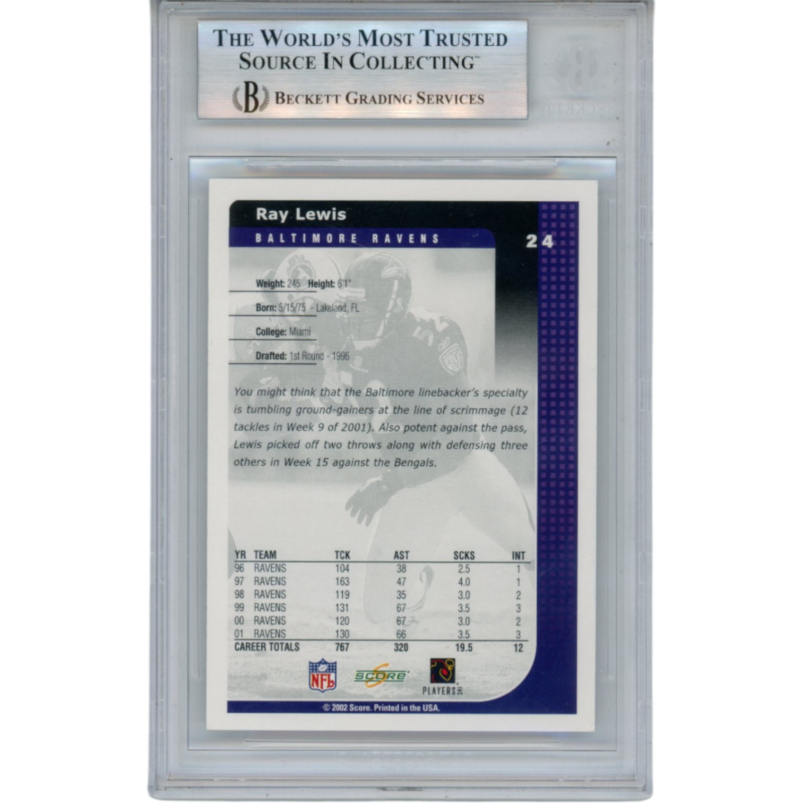 Ray Lewis Autographed/Signed 2002 Score #24 Trading Card Slab Beckett 53504