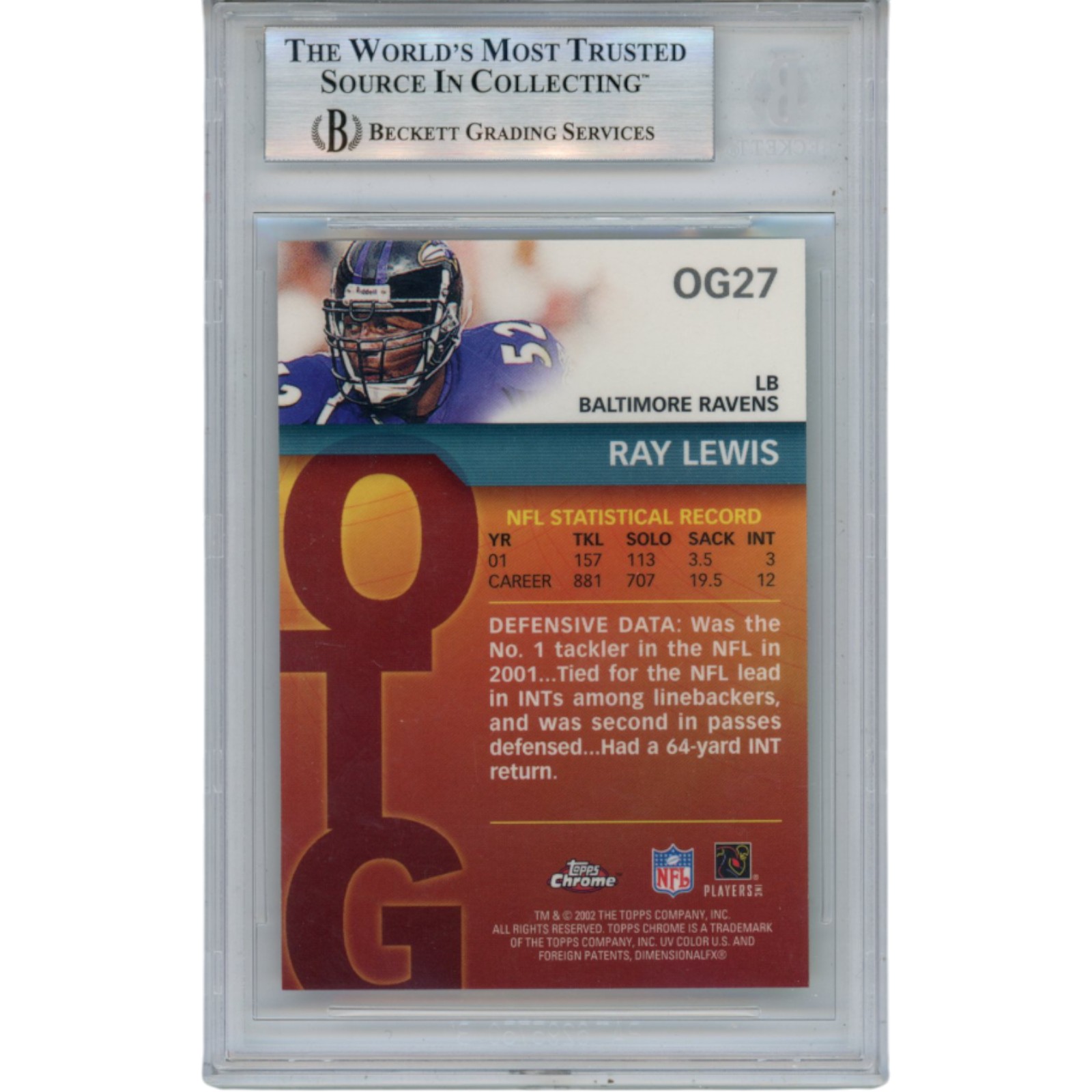 Ray Lewis Autographed 2002 Topps Chrome #OG27 Trading Card Slab Beckett 53474 2 Ray Lewis Autographed 2002 Topps Chrome #OG27 Trading Card Slab Beckett 53474