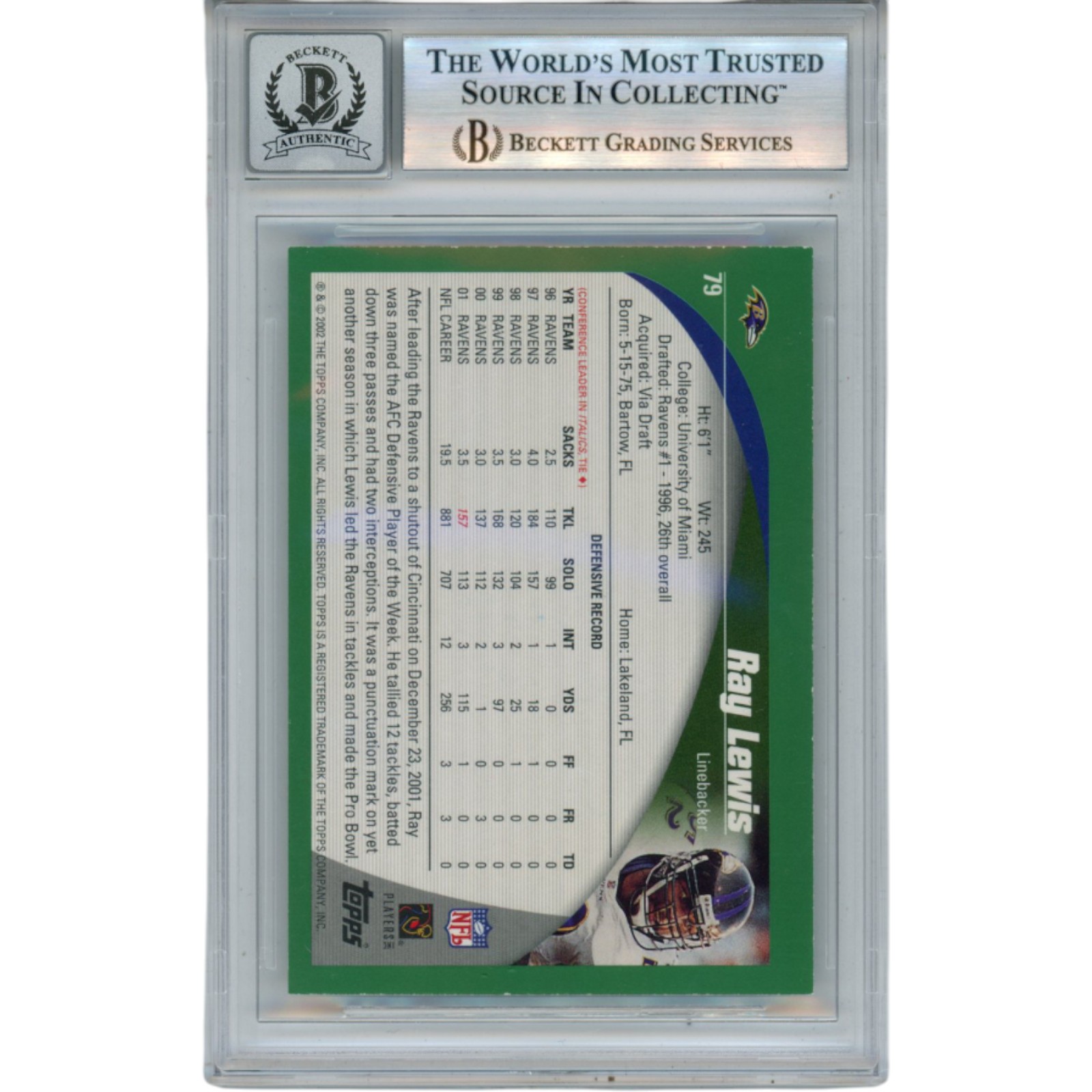Ray Lewis Autographed/Signed 2002 Topps #79 Trading Card Beckett 52930 2 Ray Lewis Autographed/Signed 2002 Topps #79 Trading Card Beckett 52930