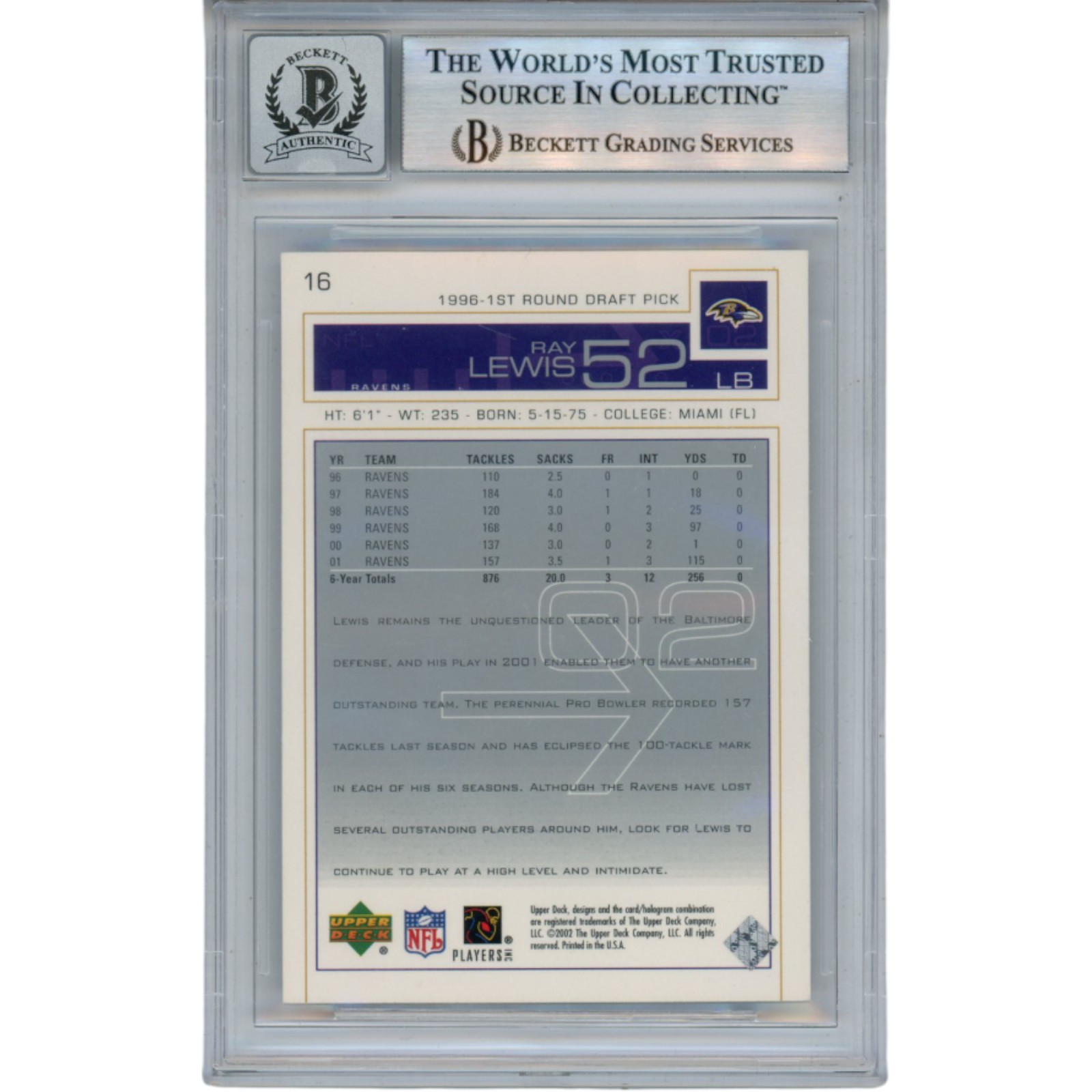 Ray Lewis Autographed/Signed 2002 Upper Deck #16 Trading Card Beckett 52939