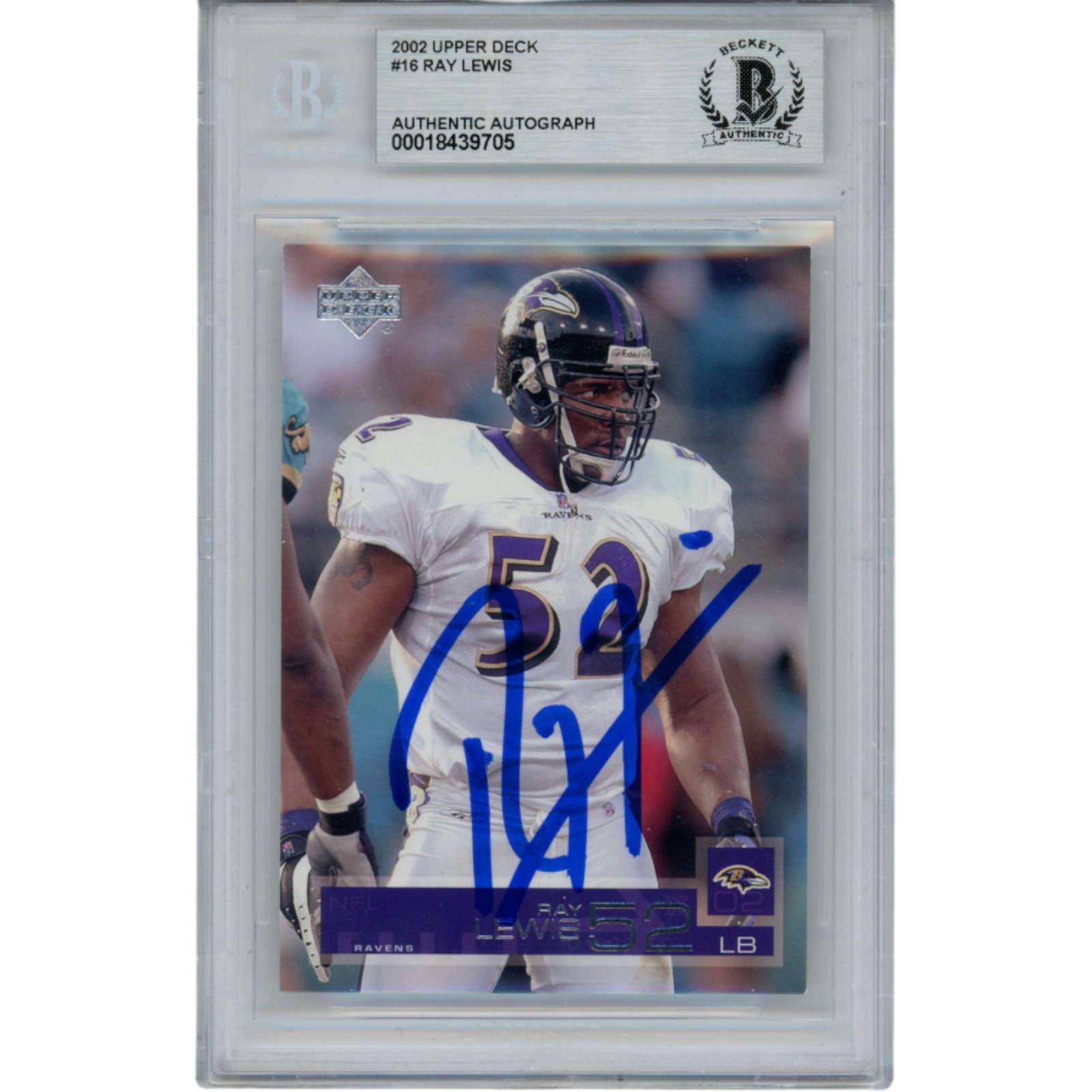 Ray Lewis Autographed/Signed 2002 UD #16 Trading Card Slab Beckett 53500