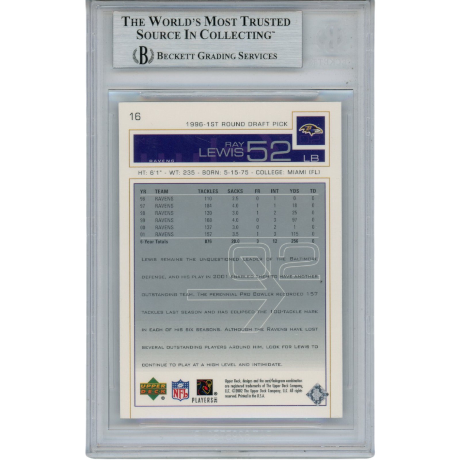Ray Lewis Autographed/Signed 2002 UD #16 Trading Card Slab Beckett 53500
