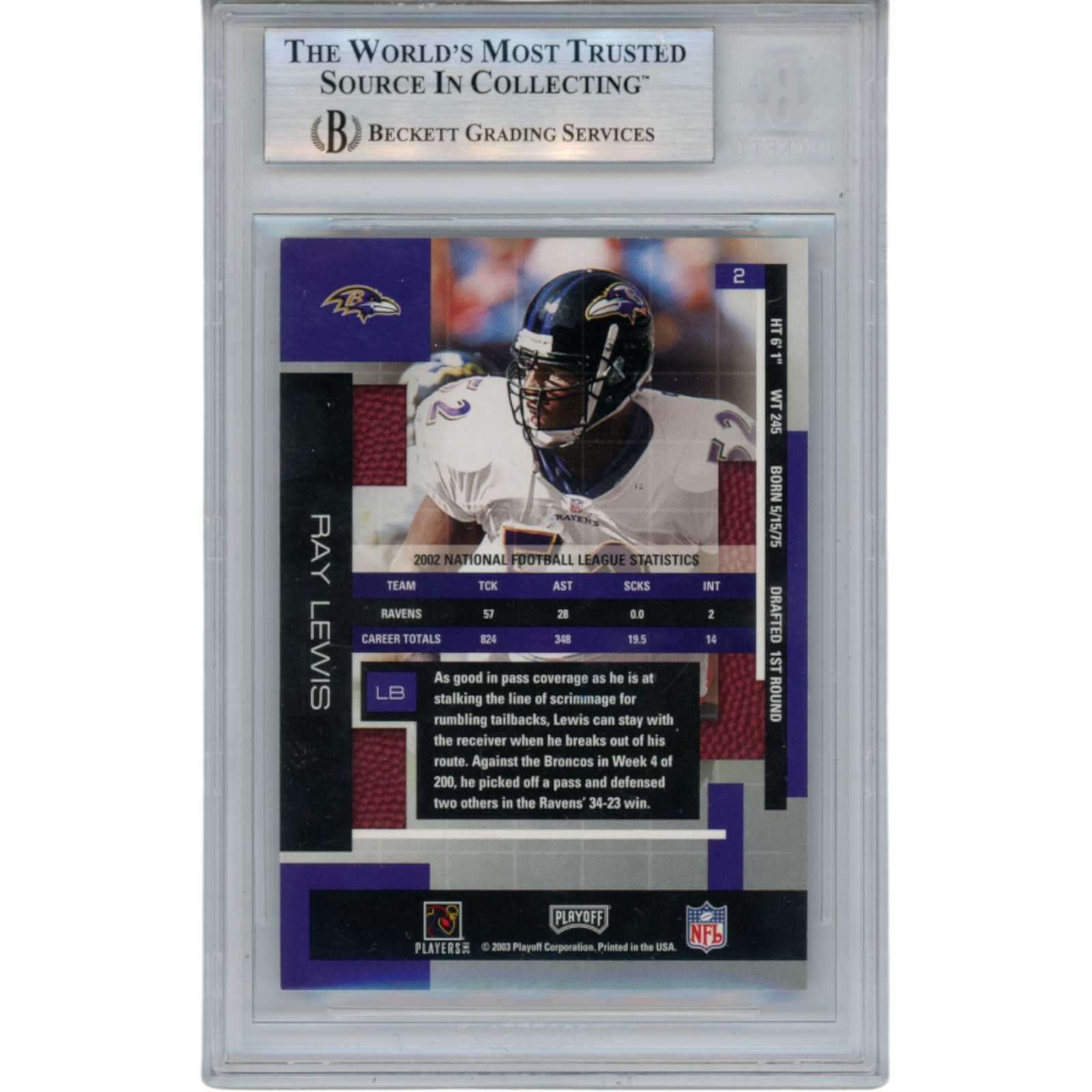 Ray Lewis Autographed/Signed 2003 Absolute #2 Trading Card Slab Beckett 53454 2 Ray Lewis Autographed/Signed 2003 Absolute #2 Trading Card Slab Beckett 53454