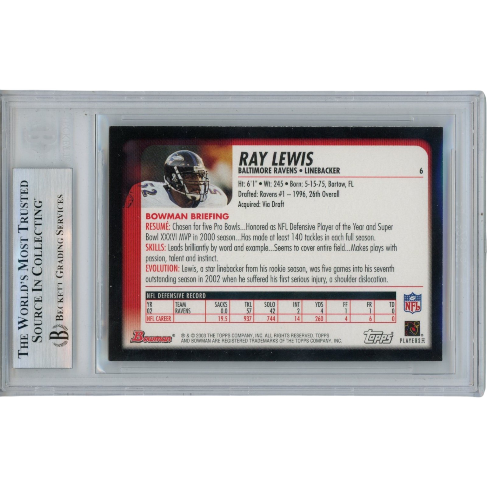 Ray Lewis Autographed/Signed 2003 Bowman #6 Trading Card Slab Beckett 53489