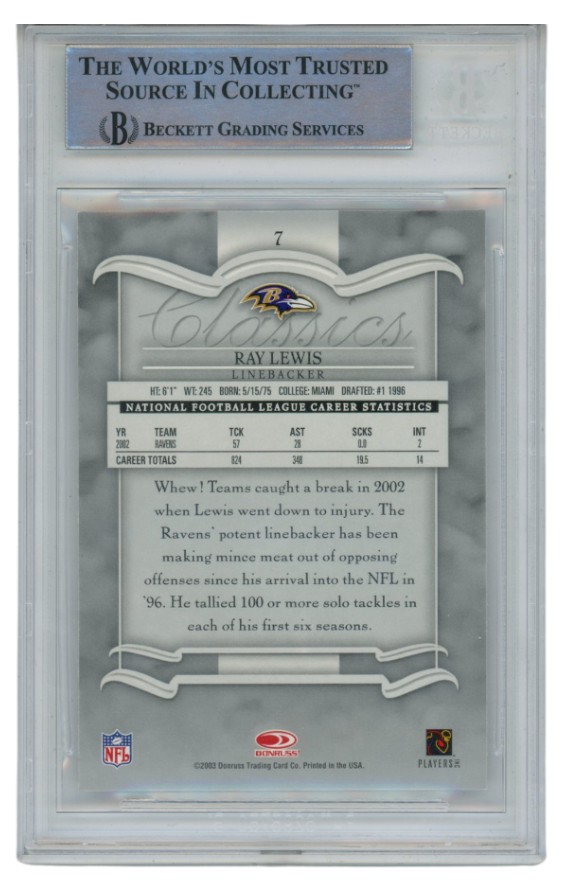 Ray Lewis Autographed/Signed 2003 Donruss Classics #7 Trading Card Beckett 52694 2 Ray Lewis Autographed/Signed 2003 Donruss Classics #7 Trading Card Beckett 52694