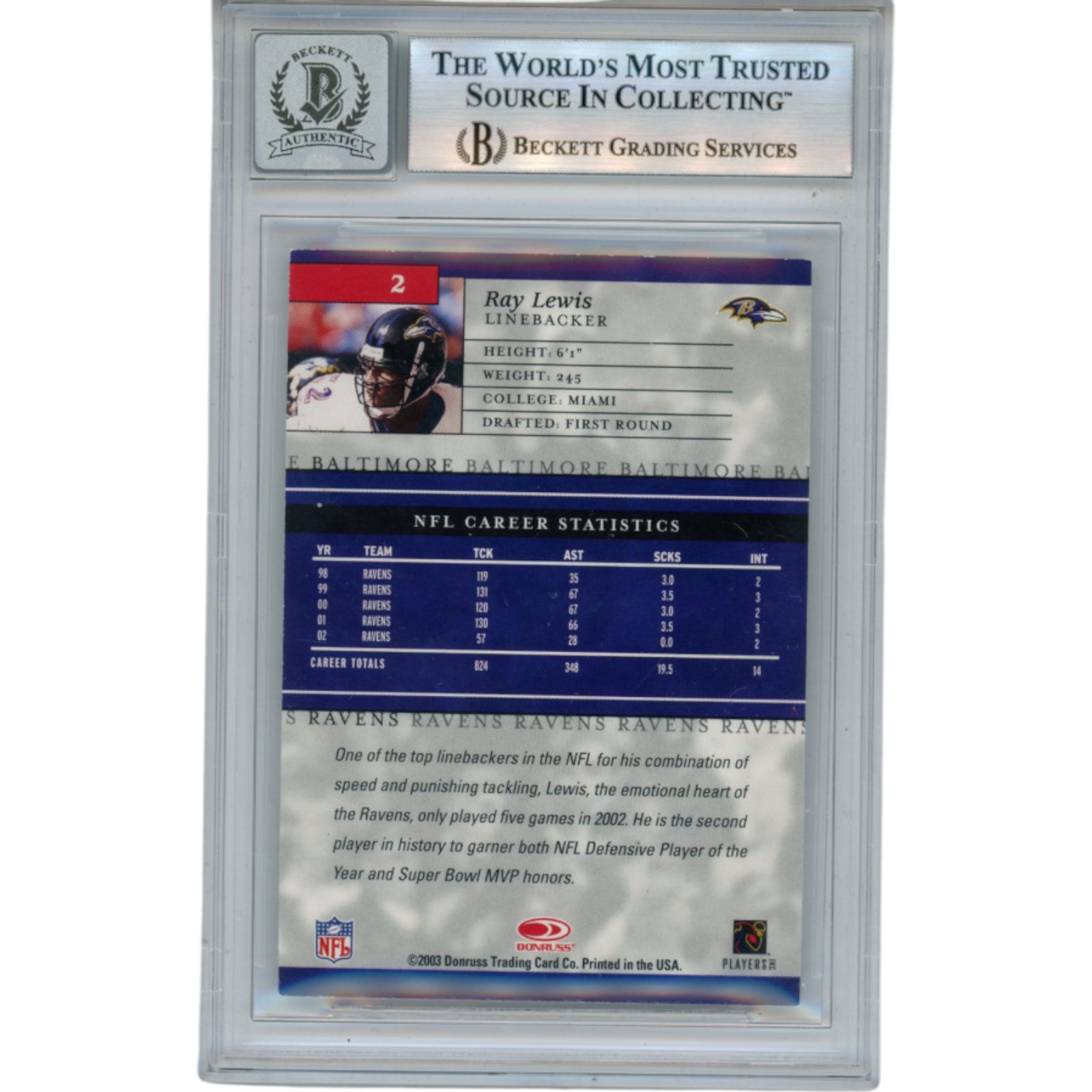 Ray Lewis Autographed 2003 Donruss Elite #2 Trading Card Beckett 52982