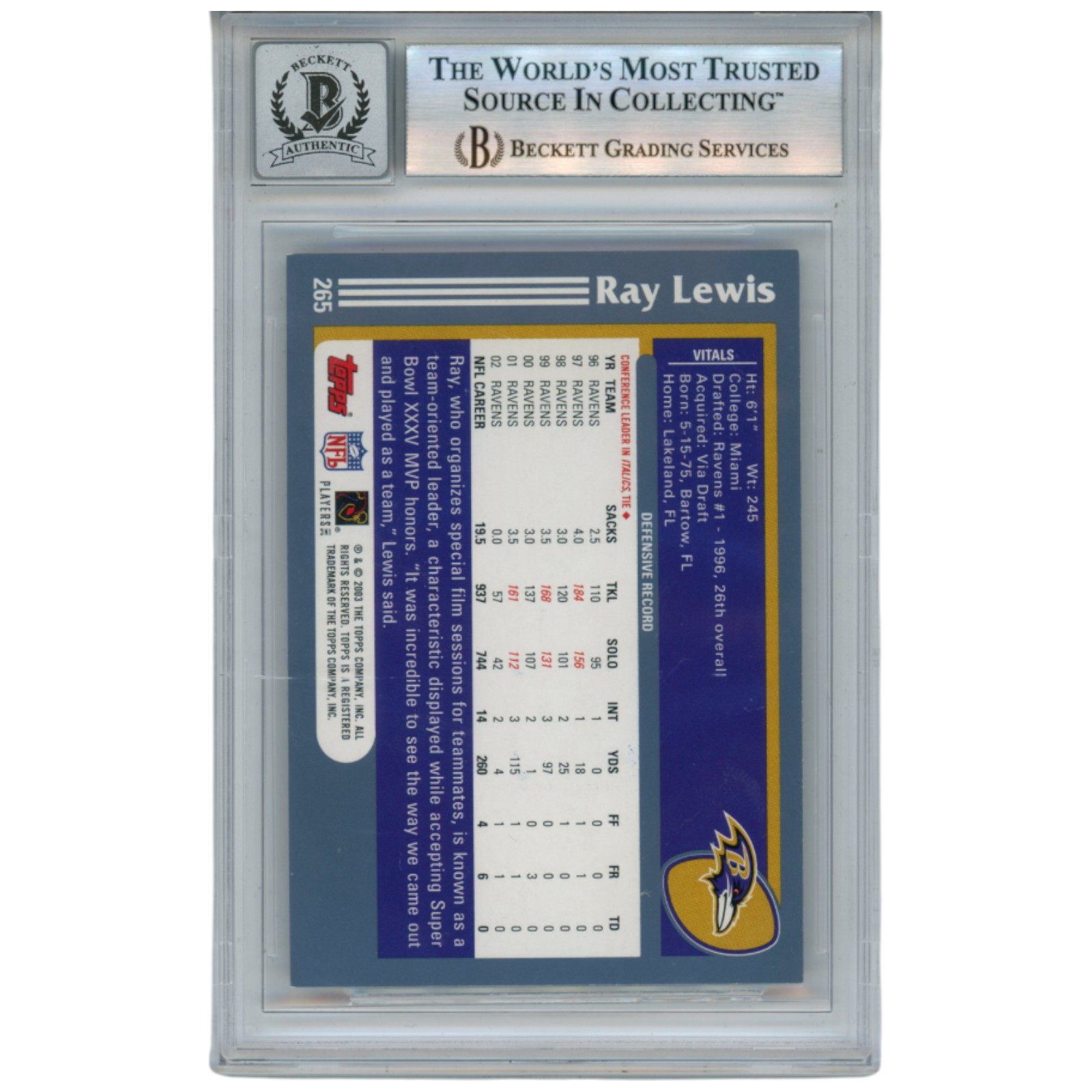 Ray Lewis Autographed/Signed 2003 Topps #265 Trading Card Beckett 52928