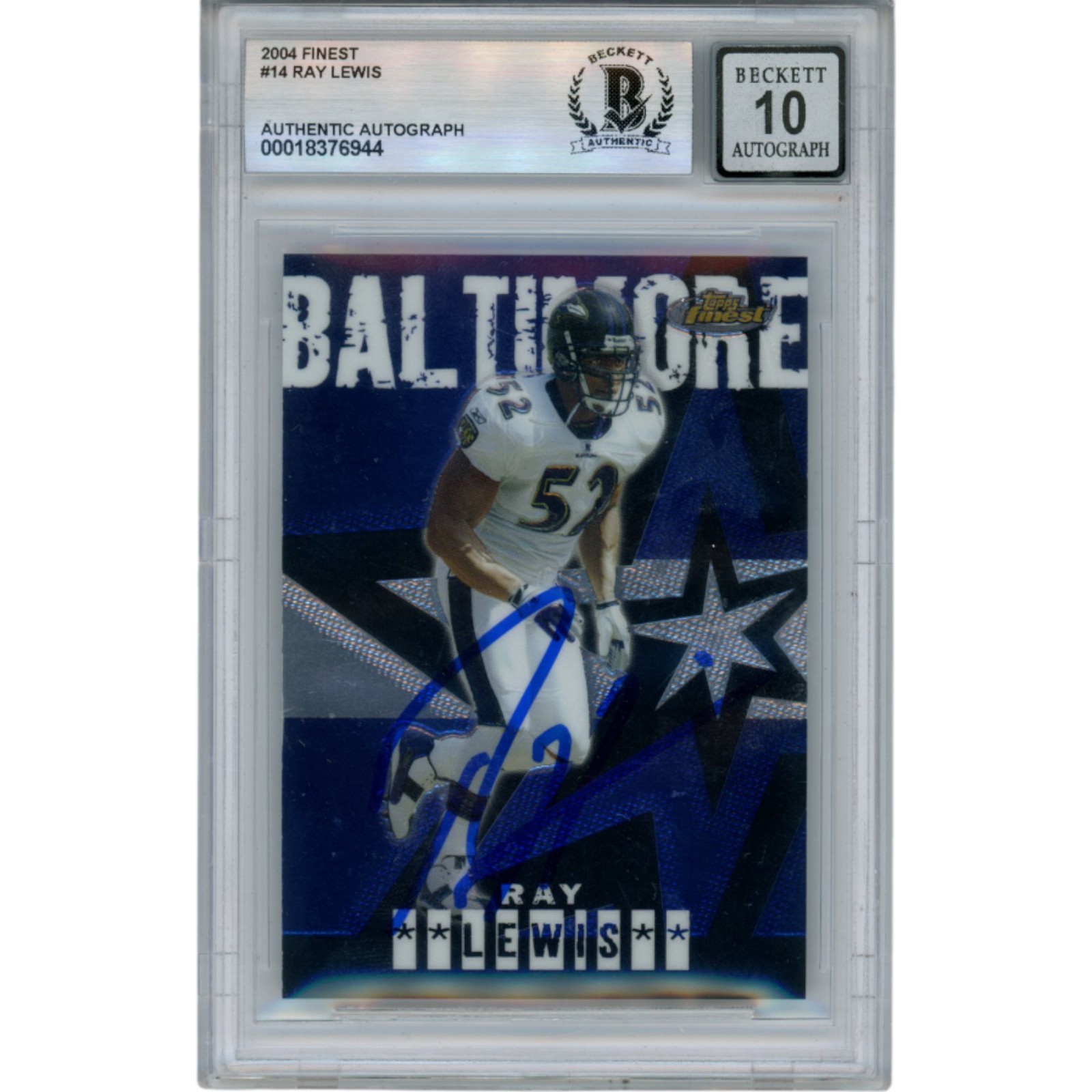 Ray Lewis Autographed/Signed 2004 Finest #14 Trading Card Beckett 52999