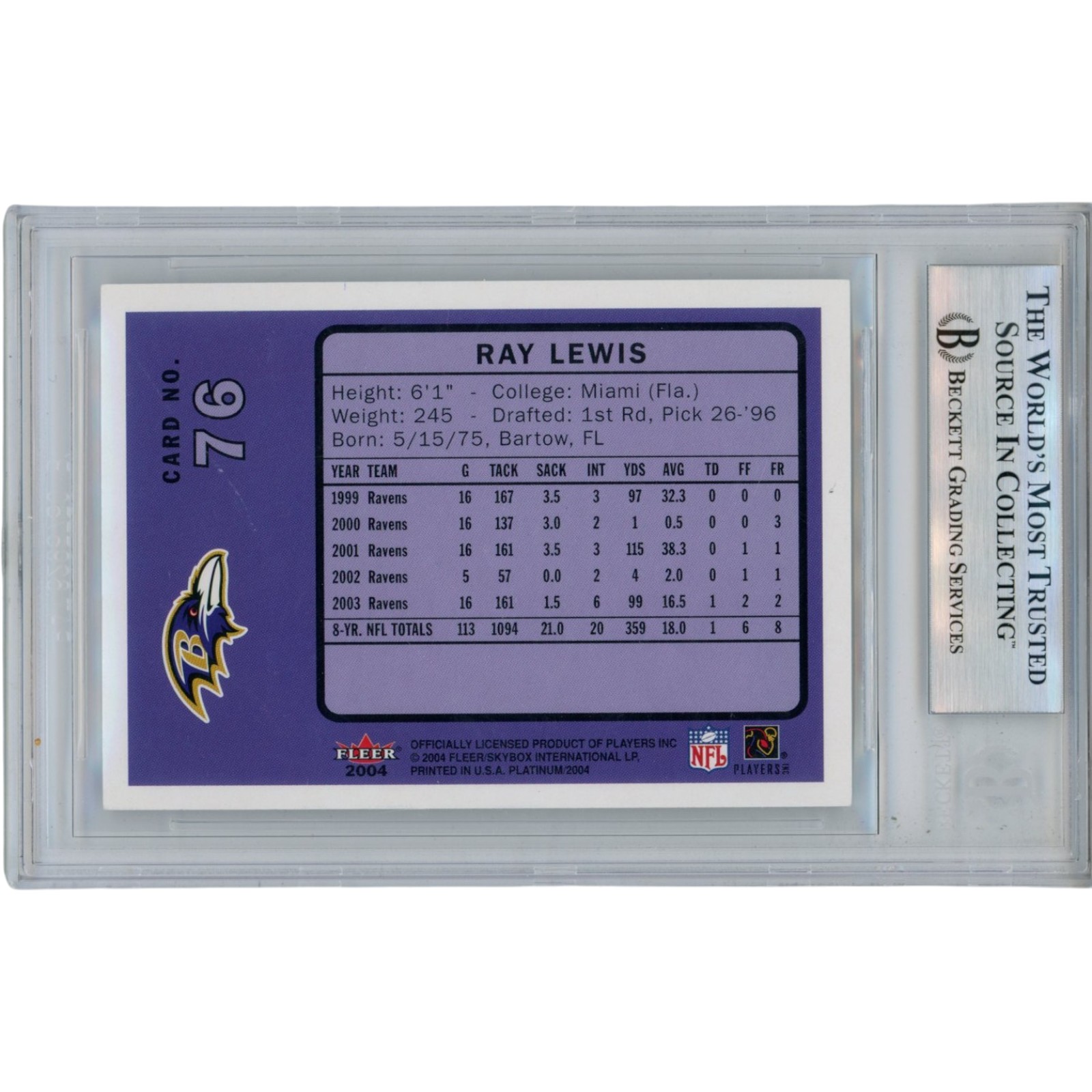 Ray Lewis Autographed 2004 Fleer Platinum #76 Trading Card Slab Beckett 53492