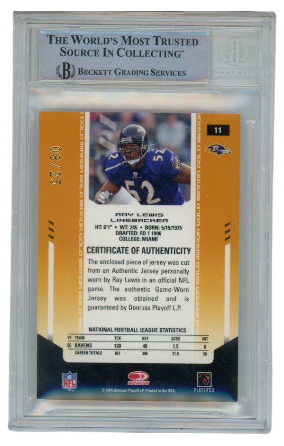 Ray Lewis Autographed/Signed 2004 Leaf Materials #11 /25 Card Slab Beckett 52686 2 Ray Lewis Autographed/Signed 2004 Leaf Materials #11 /25 Card Slab Beckett 52686