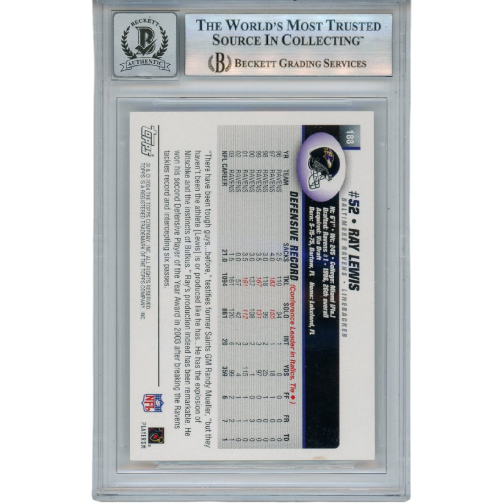 Ray Lewis Autographed/Signed 2004 Topps #188 Trading Card Beckett 52955