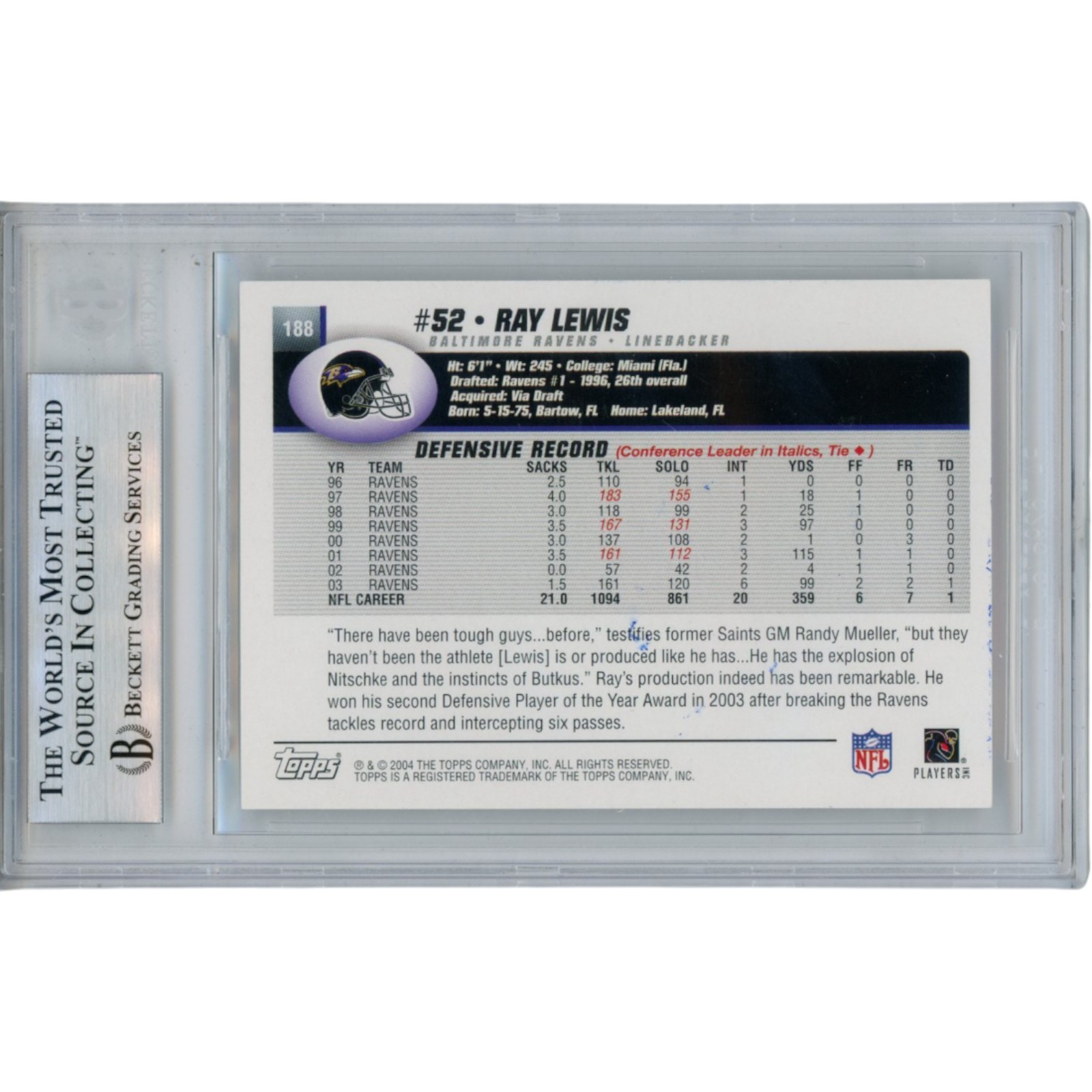 Ray Lewis Autographed/Signed 2004 Topps #188 Trading Card Slab Beckett 53459 2 Ray Lewis Autographed/Signed 2004 Topps #188 Trading Card Slab Beckett 53459