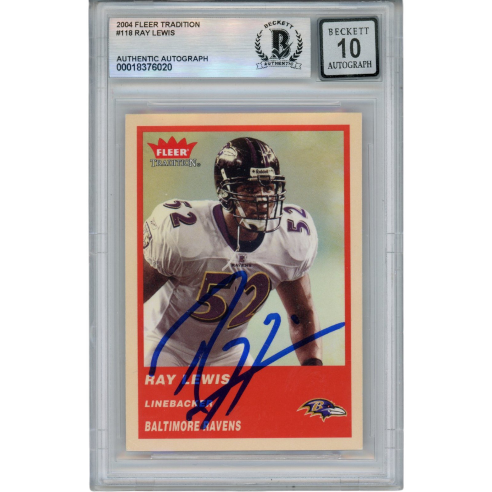Ray Lewis Autographed 2004 Fleer Tradition #118 Trading Card Beckett 52953
