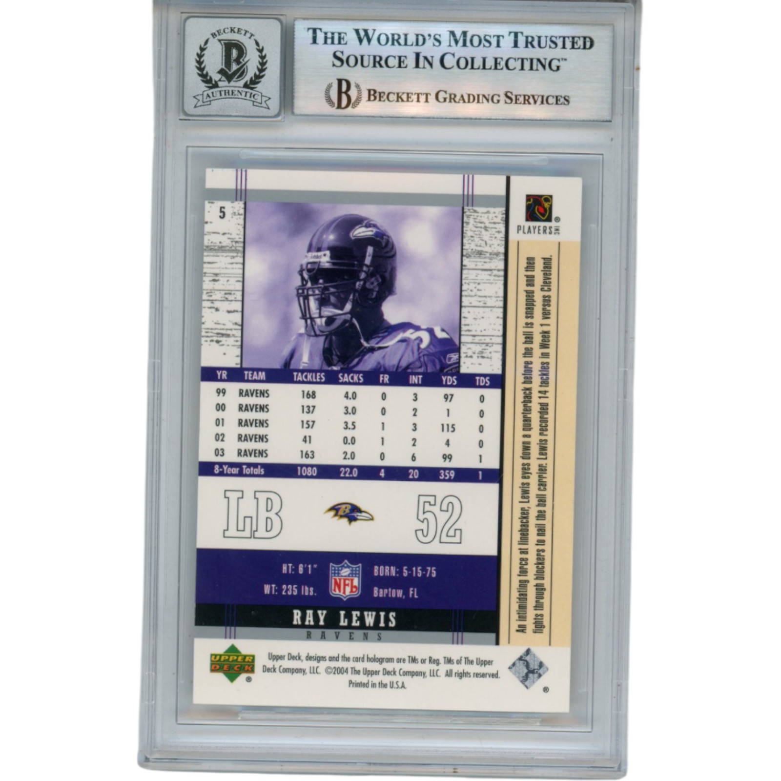 Ray Lewis Autographed 2004 Upper Deck Legends #5 Trading Card Beckett 52976