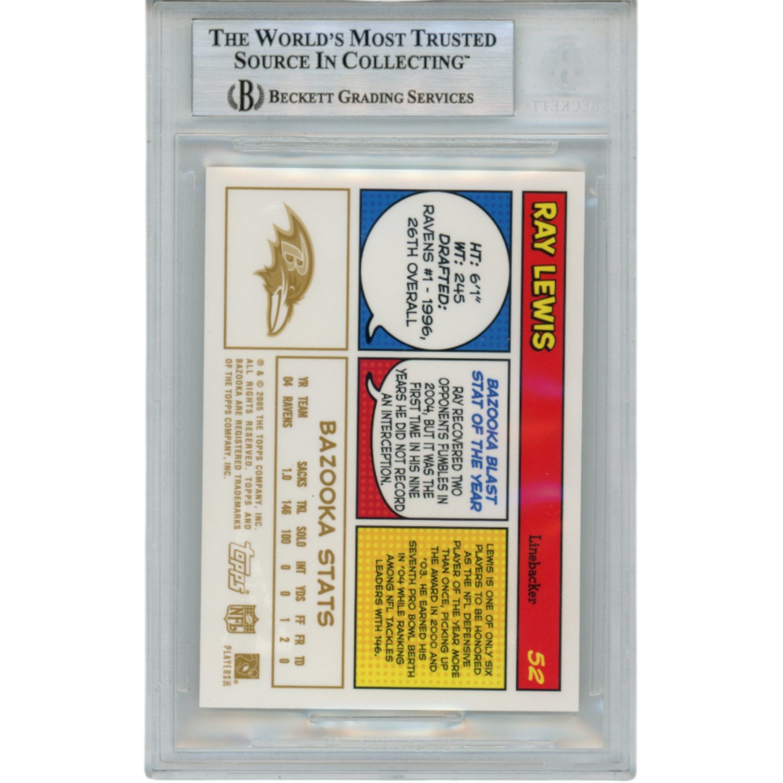 Ray Lewis Autographed 2005 Topps Gold Parallel #52 Trading Card Beckett 52929