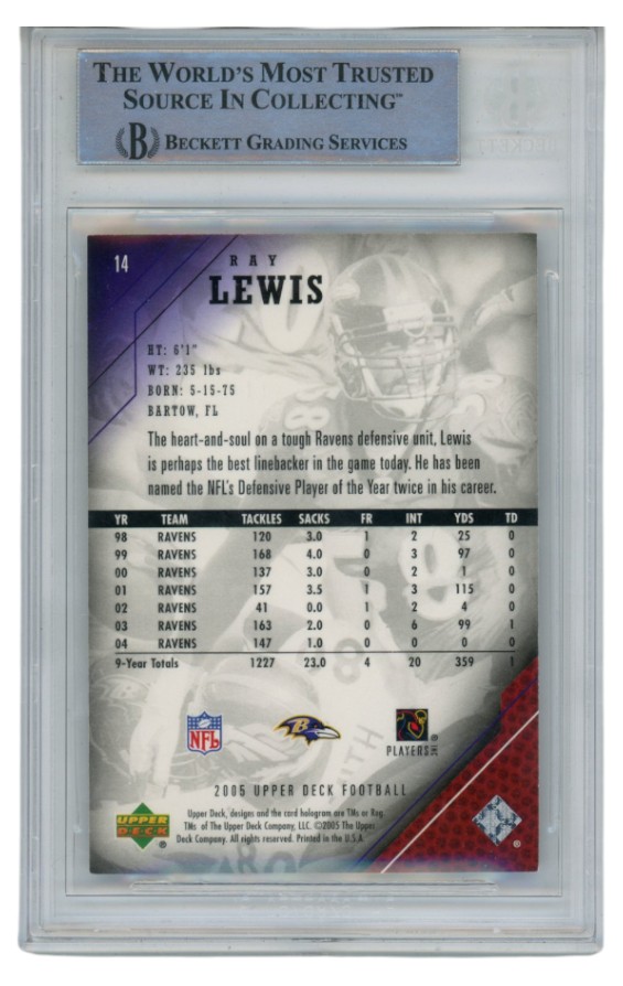 Ray Lewis Autographed/Signed 2005 Upper Deck #14 Trading Card Beckett 52669 2 Ray Lewis Autographed/Signed 2005 Upper Deck #14 Trading Card Beckett 52669