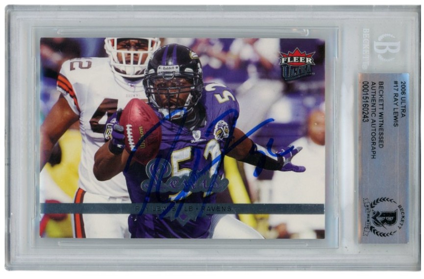 Ray Lewis Autographed/Signed 2006 Fleer Ultra 17 Trading Card Slab Beckett 52675
