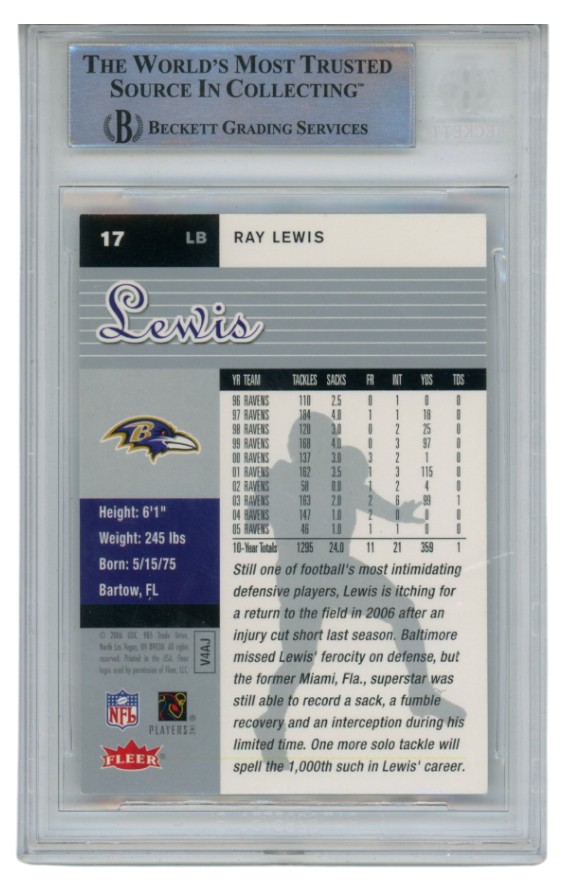 Ray Lewis Autographed/Signed 2006 Fleer Ultra 17 Trading Card Slab Beckett 52675 2 Ray Lewis Autographed/Signed 2006 Fleer Ultra 17 Trading Card Slab Beckett 52675