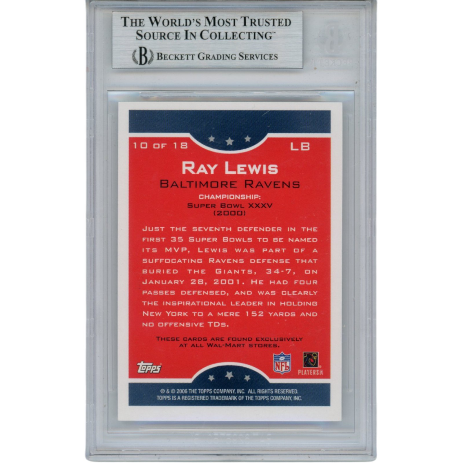 Ray Lewis Autographed 2006 Topps True Champs #10/18 Trading Card Beckett 53520