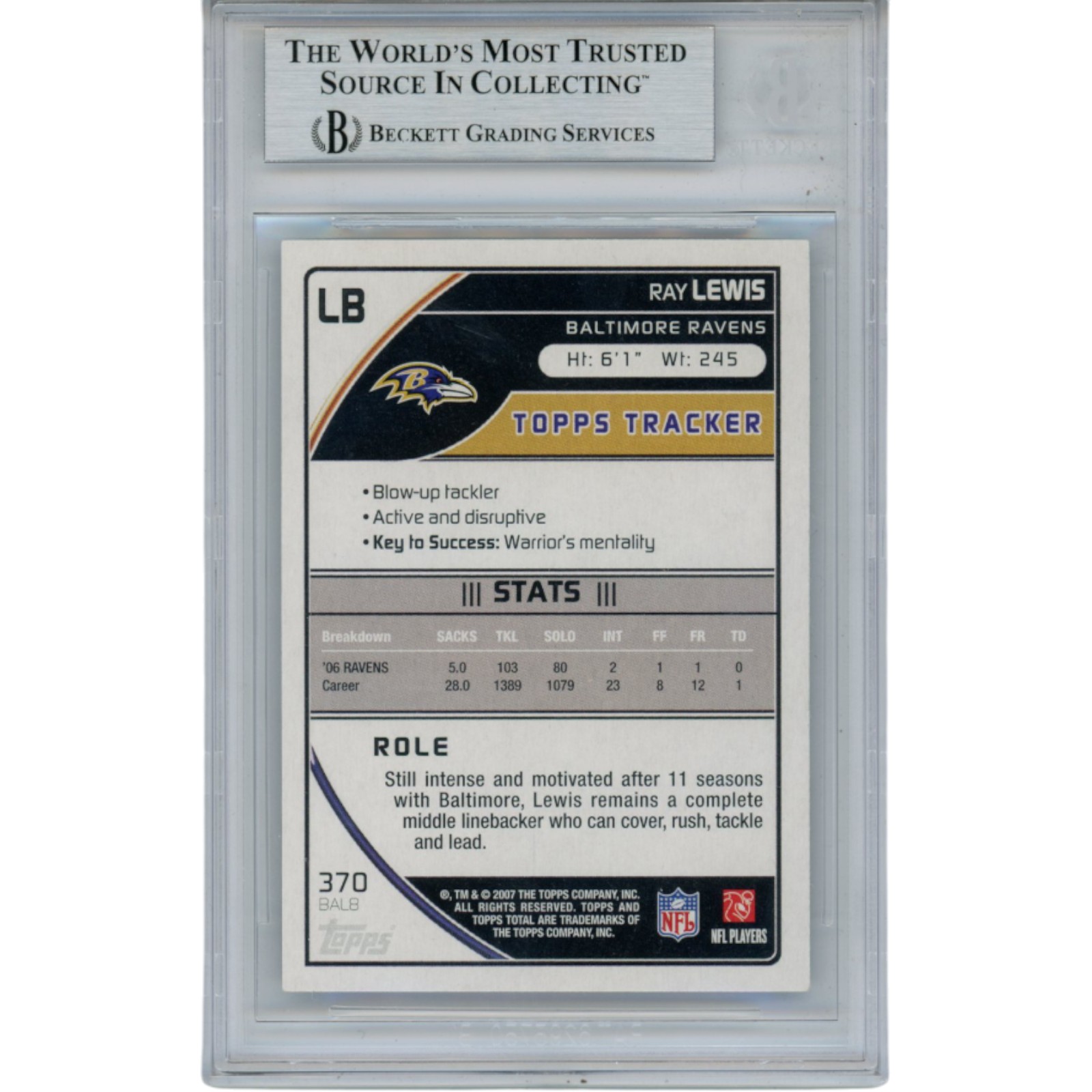 Ray Lewis Autographed 2007 Topps Total #370 Trading Card Slab Beckett 53510