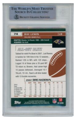 Ray Lewis Autographed/Signed 2008 Stadium Club #74 Trading Card Beckett 52692