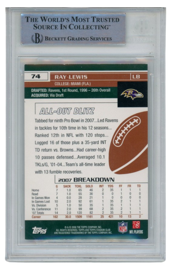Ray Lewis Autographed/Signed 2008 Stadium Club #74 Trading Card Beckett 52692 2 Ray Lewis Autographed/Signed 2008 Stadium Club #74 Trading Card Beckett 52692