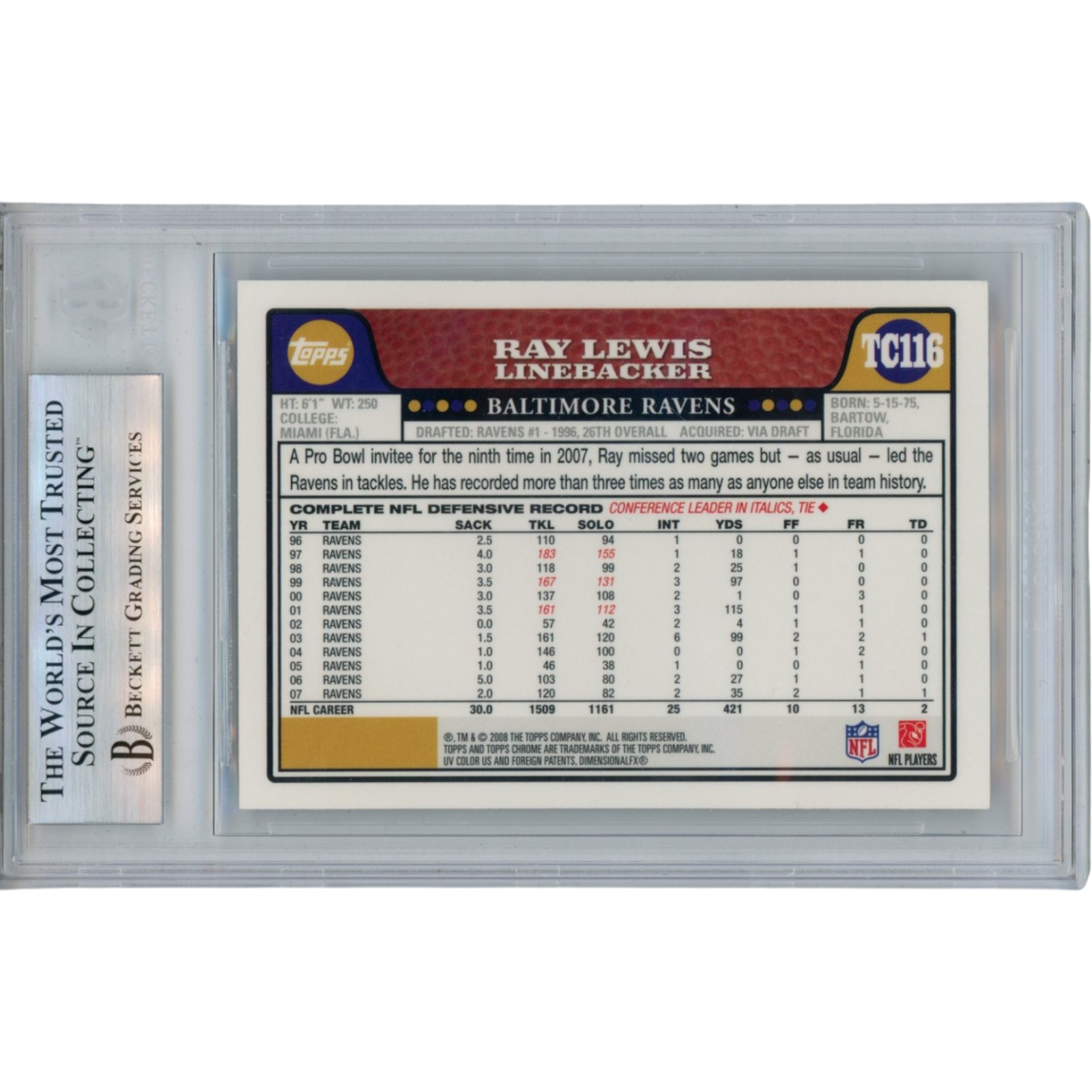 Ray Lewis Autographed 2008 Topps Chrome #116 Trading Card Slab Beckett 53458 2 Ray Lewis Autographed 2008 Topps Chrome #116 Trading Card Slab Beckett 53458