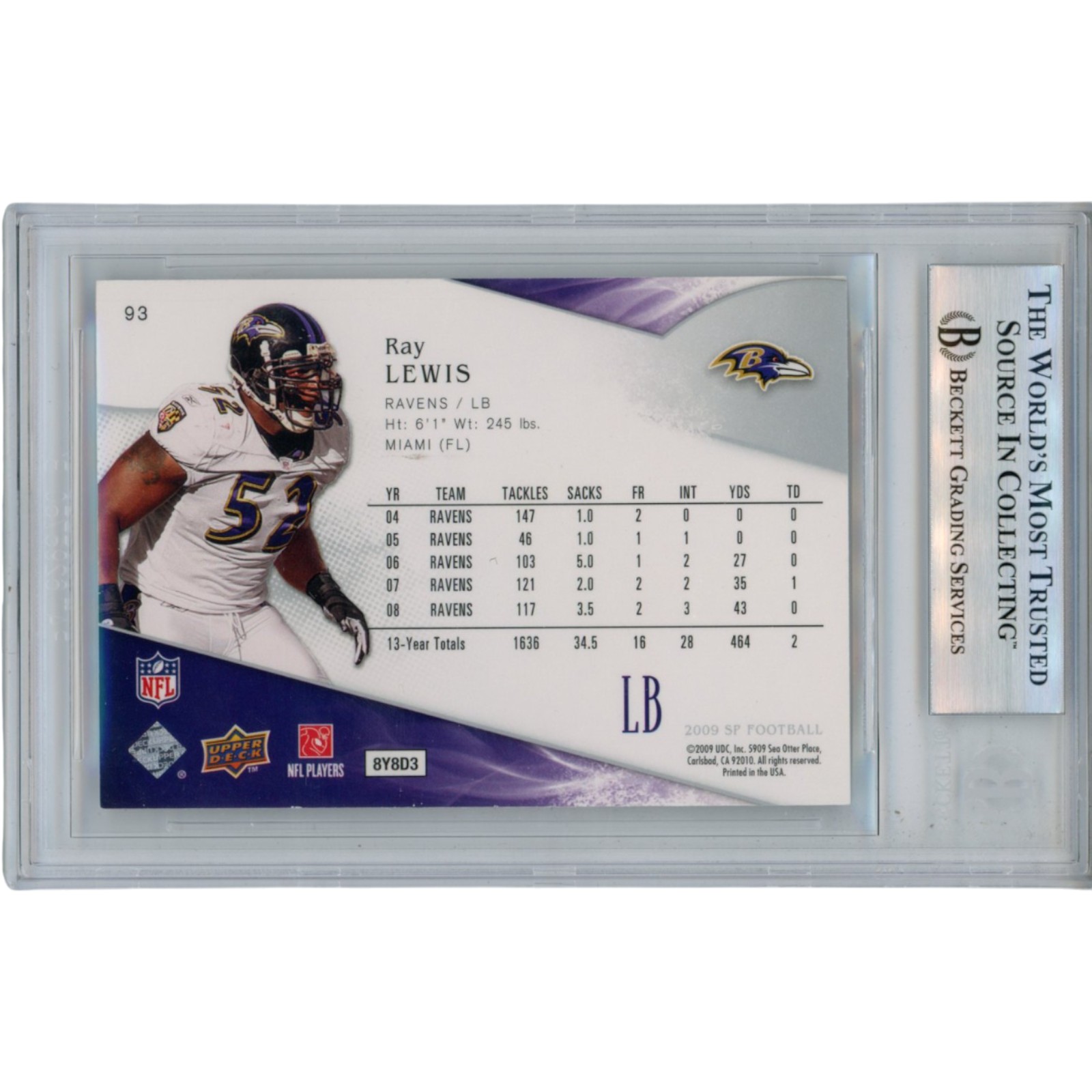 Ray Lewis Autographed/Signed 2009 UD SP Gold #93 Trading Card Slab Beckett 53457 2 Ray Lewis Autographed/Signed 2009 UD SP Gold #93 Trading Card Slab Beckett 53457