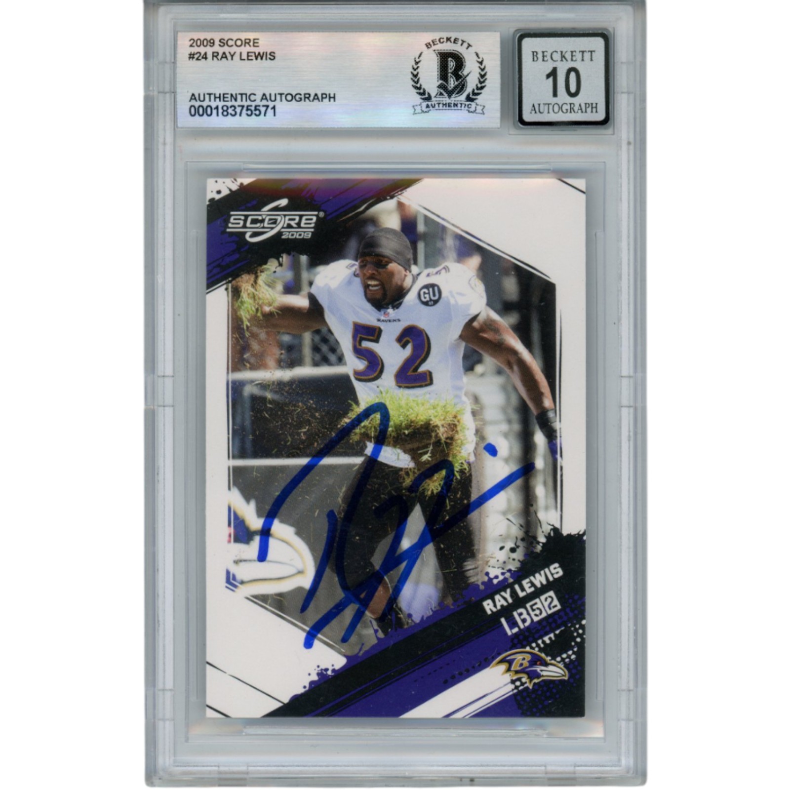 Ray Lewis Autographed 2009 Score Inscriptions #24 Trading Card Beckett 52932