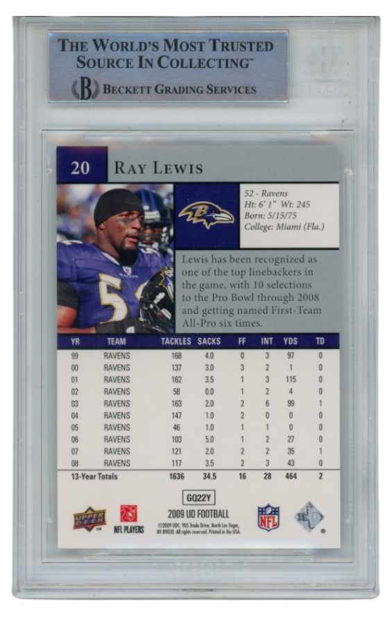Ray Lewis Autographed/Signed 2009 Upper Deck #20 Trading Card Beckett 52670 2 Ray Lewis Autographed/Signed 2009 Upper Deck #20 Trading Card Beckett 52670