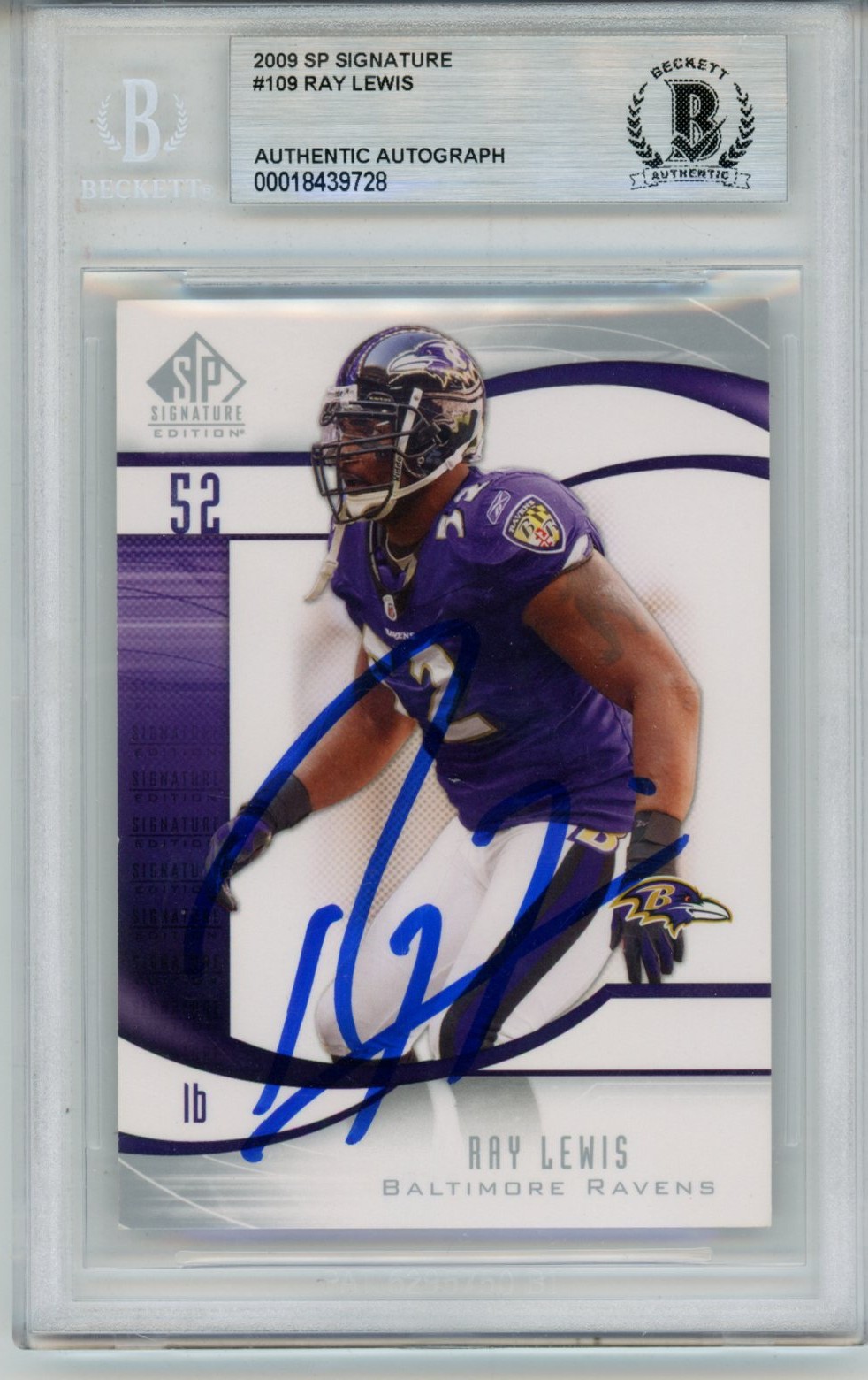 Ray Lewis Autographed 2009 UD SP #109 Slabbed Trading Card Beckett 53495 1 Ray Lewis Autographed 2009 UD SP #109 Slabbed Trading Card Beckett 53495