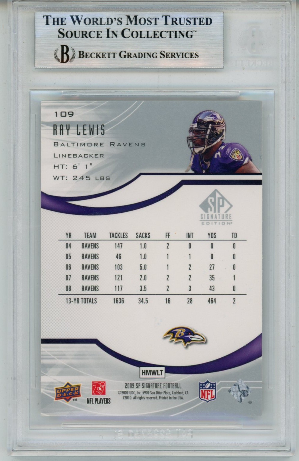 Ray Lewis Autographed 2009 UD SP #109 Slabbed Trading Card Beckett 53495 2 Ray Lewis Autographed 2009 UD SP #109 Slabbed Trading Card Beckett 53495