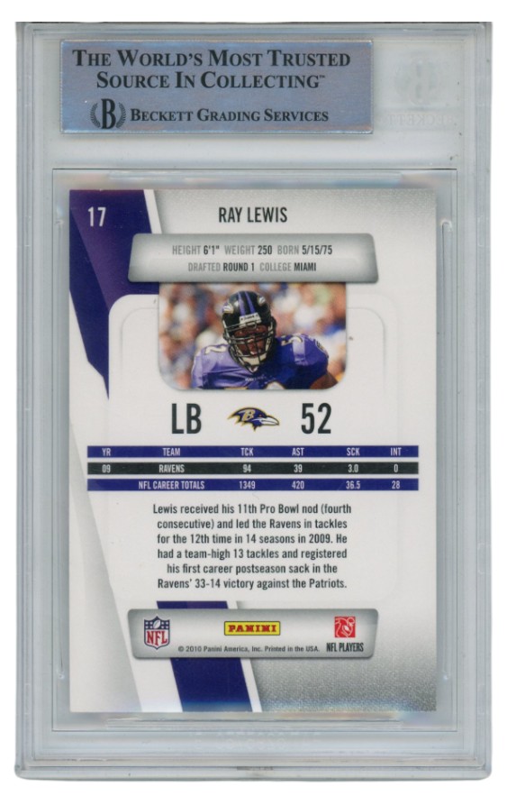 Ray Lewis Autographed/Signed 2010 Panini Prestige #17 Trading Card Beckett 52500 2 Ray Lewis Autographed/Signed 2010 Panini Prestige #17 Trading Card Beckett 52500