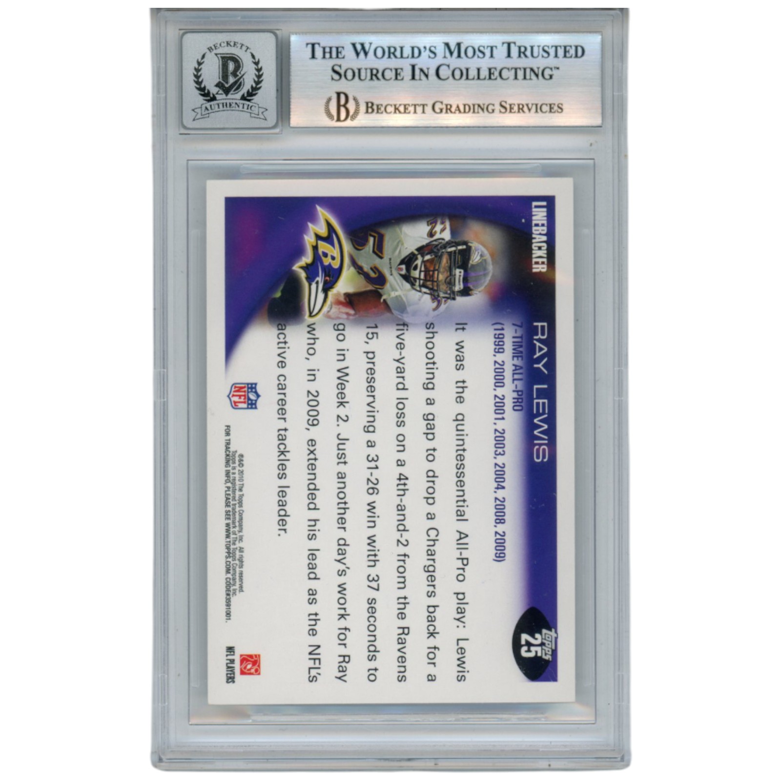 Ray Lewis Autographed/Signed 2010 Topps #25 Trading Card Beckett 52915