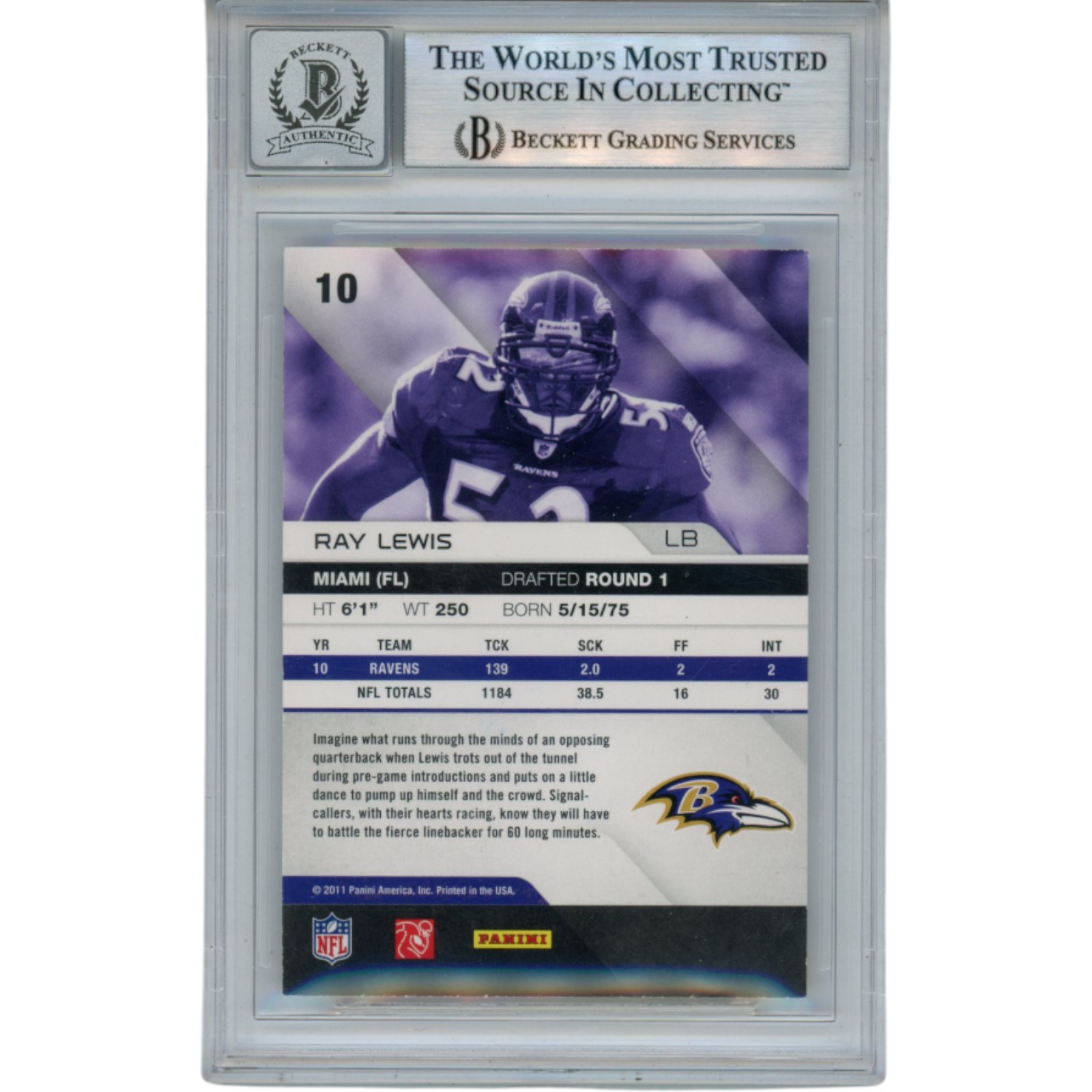 Ray Lewis Autographed 2011 Panini Absolute #10 Trading Card Beckett 52972