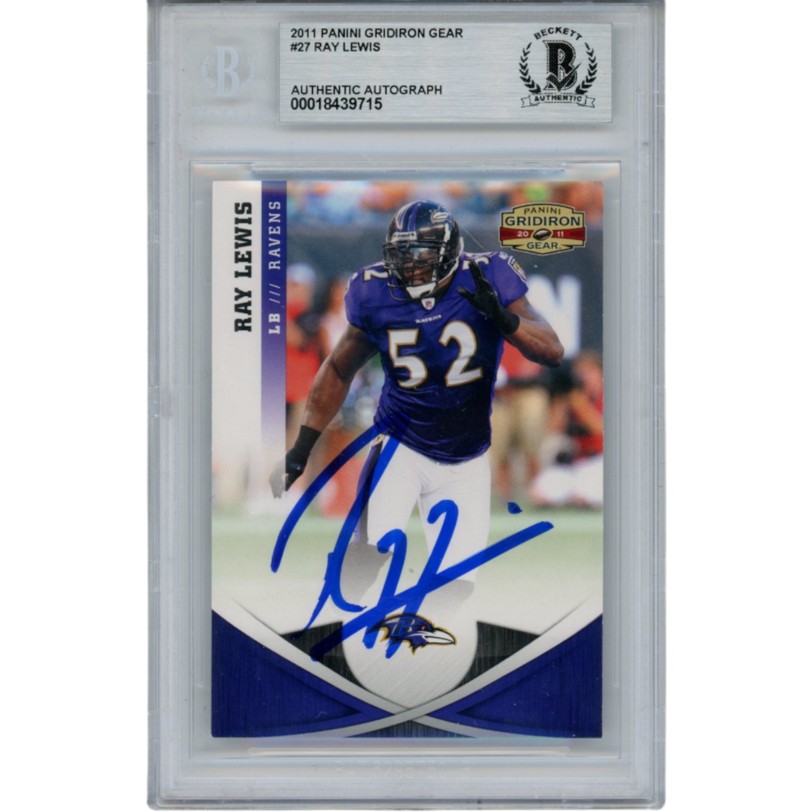 Ray Lewis Autographed 2011 Gridiron Gear #27 Trading Card Slab Beckett 53497