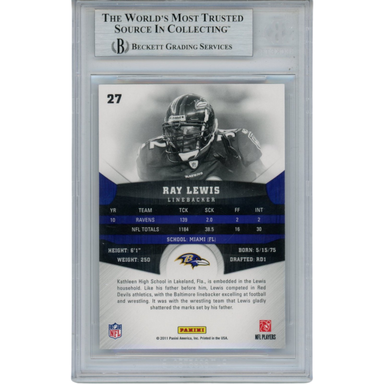 Ray Lewis Autographed 2011 Gridiron Gear #27 Trading Card Slab Beckett 53497 2 Ray Lewis Autographed 2011 Gridiron Gear #27 Trading Card Slab Beckett 53497