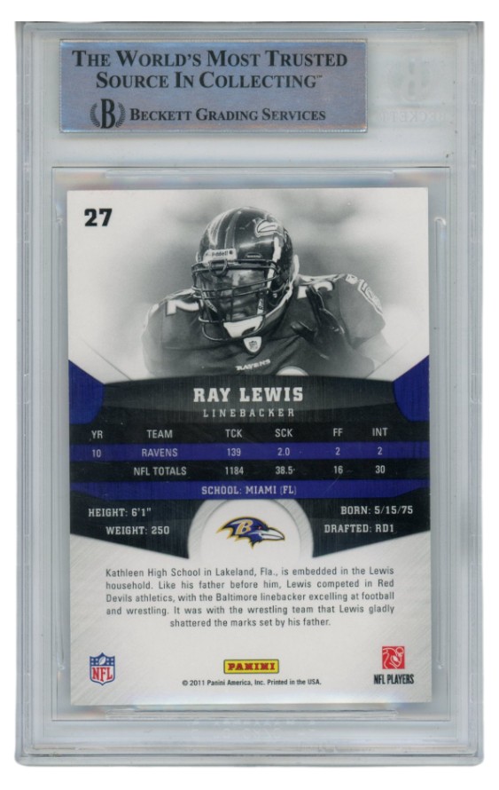 Ray Lewis Autographed/Signed 2011 Panini Gridiron #27 Trading Card Beckett 52690 2 Ray Lewis Autographed/Signed 2011 Panini Gridiron #27 Trading Card Beckett 52690