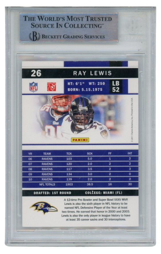 Ray Lewis Autographed/Signed 2011 Score #26 Trading Card Slab Beckett 52681 2 Ray Lewis Autographed/Signed 2011 Score #26 Trading Card Slab Beckett 52681