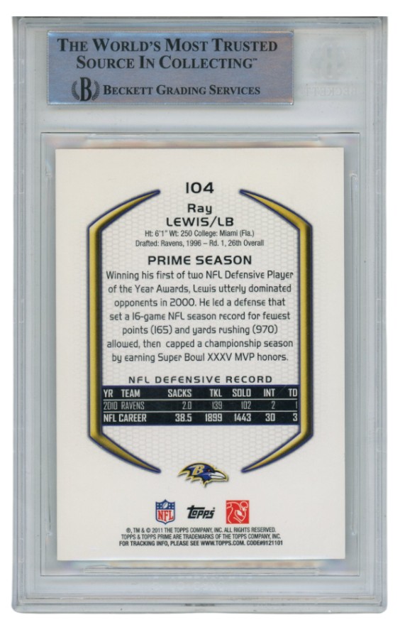 Ray Lewis Autographed/Signed 2011 Topps #104 Trading Card Slab Beckett 52673 2 Ray Lewis Autographed/Signed 2011 Topps #104 Trading Card Slab Beckett 52673