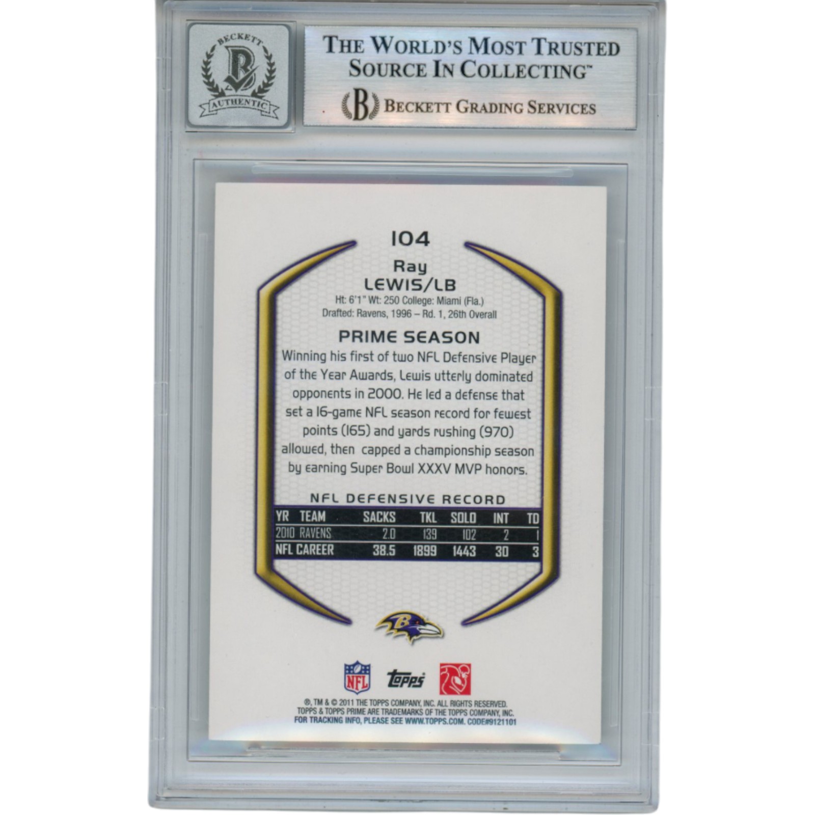 Ray Lewis Autographed 2011 Topps Price #104 Trading Card Beckett 52971