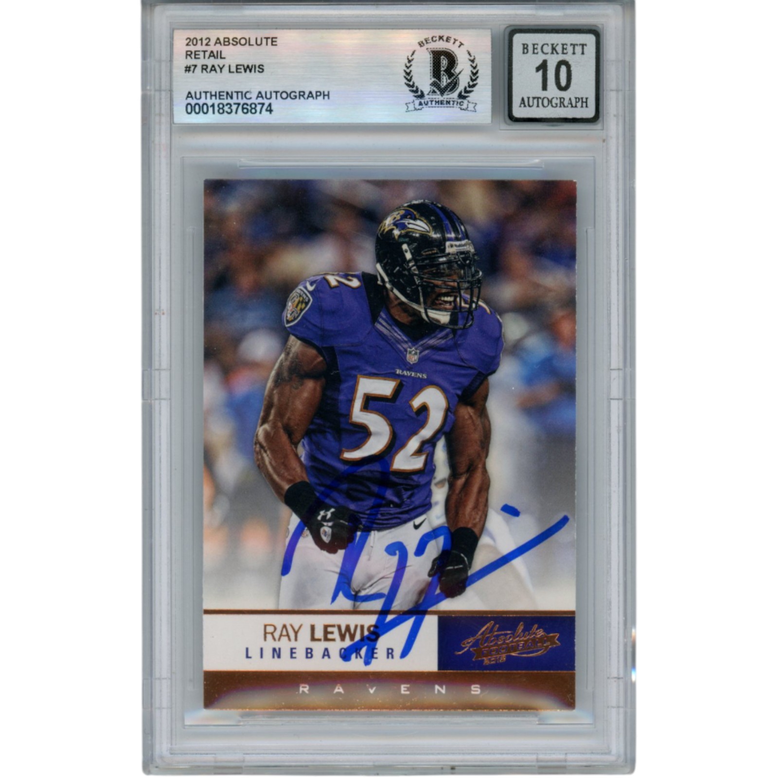 Ray Lewis Autographed 2012 Panini Absolute #7 Trading Card Beckett 53008