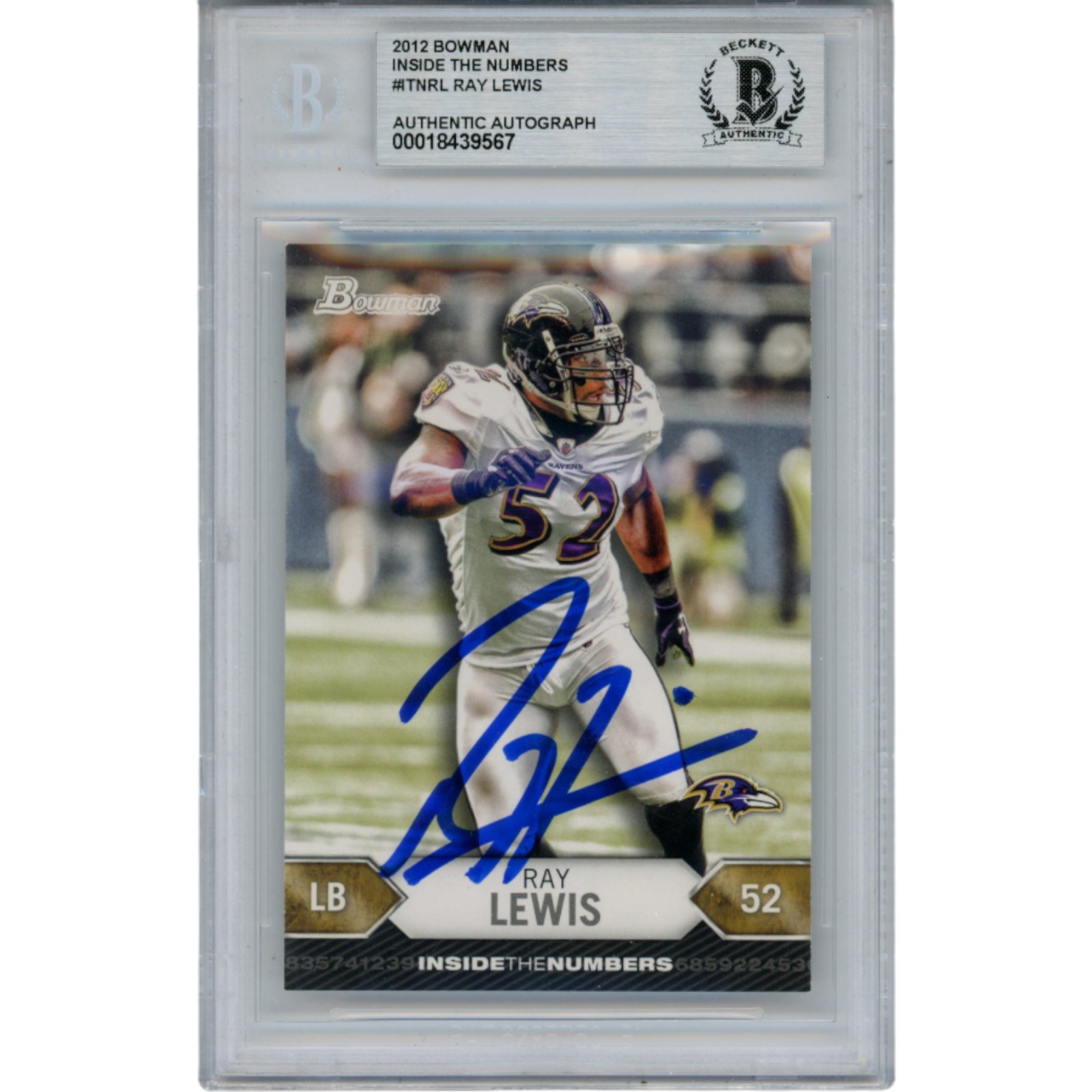 Ray Lewis Autographed/Signed 2012 Bowman #13 Trading Card Slab Beckett 53515