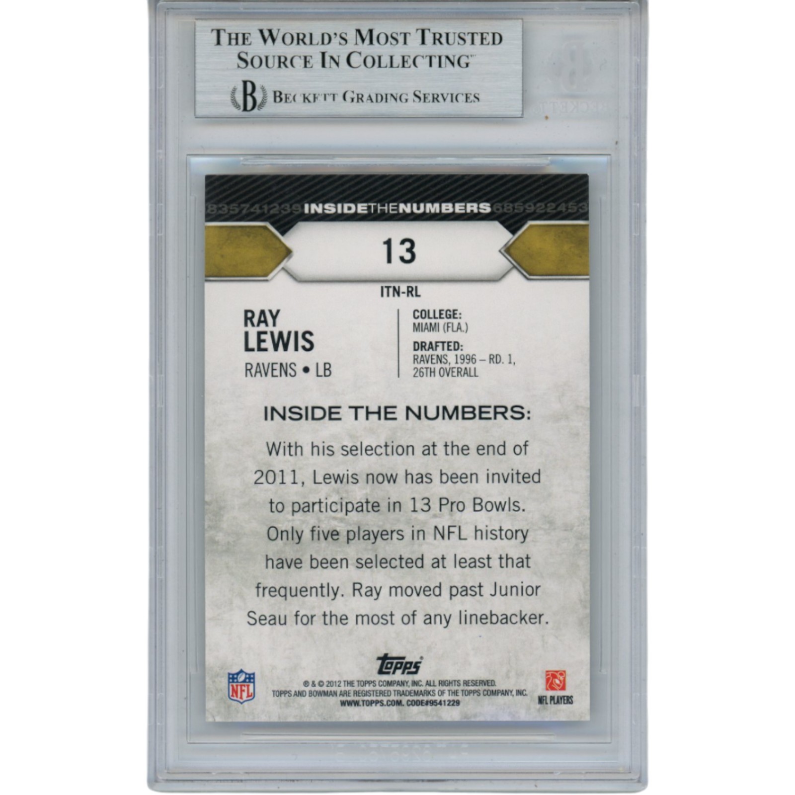 Ray Lewis Autographed/Signed 2012 Bowman #13 Trading Card Slab Beckett 53515