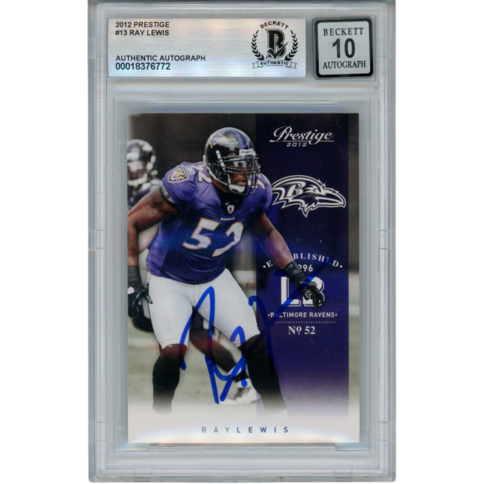 Ray Lewis Autographed 2012 Panini Prestige #13 Trading Card Beckett 52997