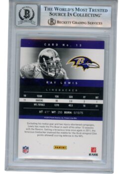Ray Lewis Autographed/Signed 2012 Prestige #13 Trading Card Beckett 53035