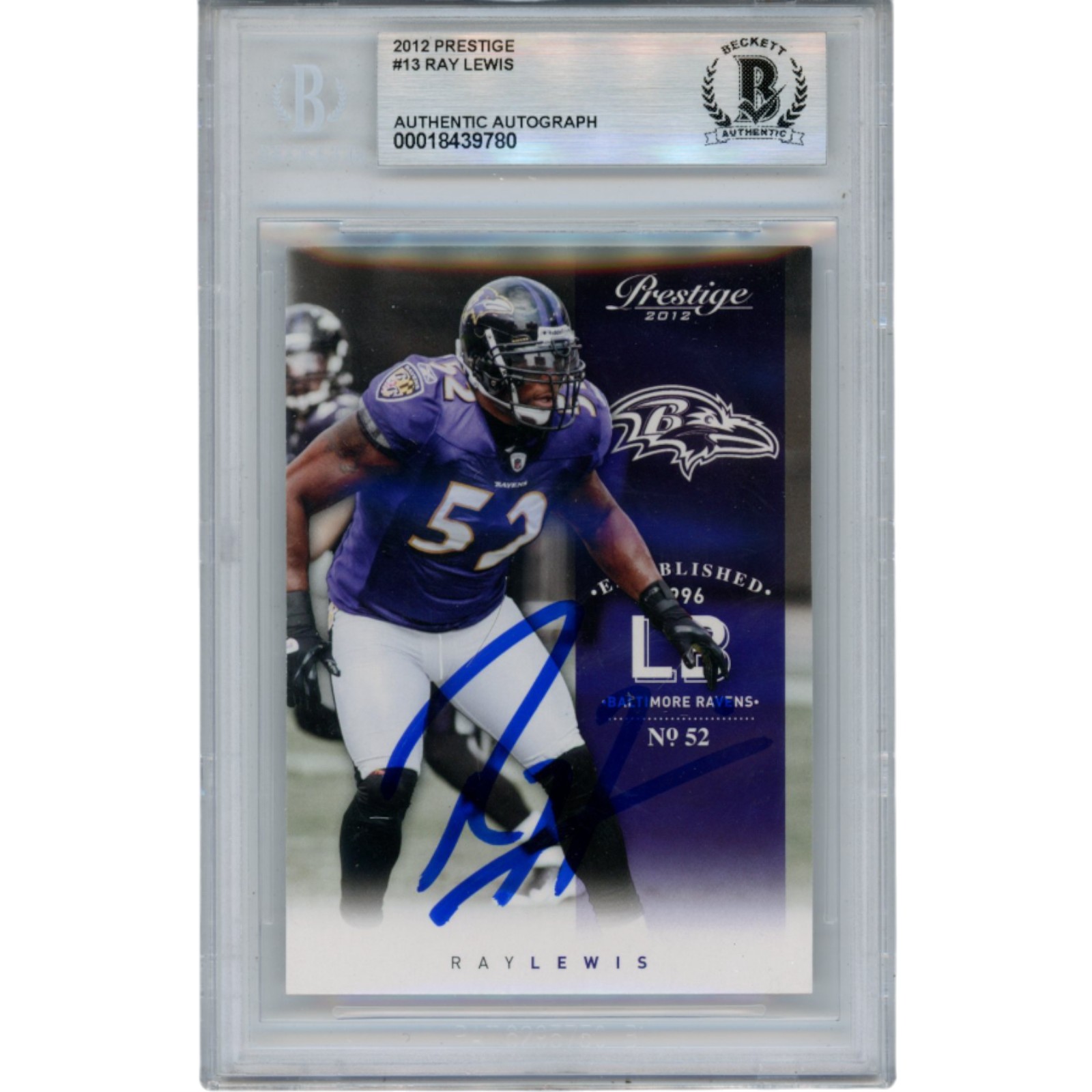Ray Lewis Autographed/Signed 2012 Prestige #13 Trading Card Slab Beckett 53477