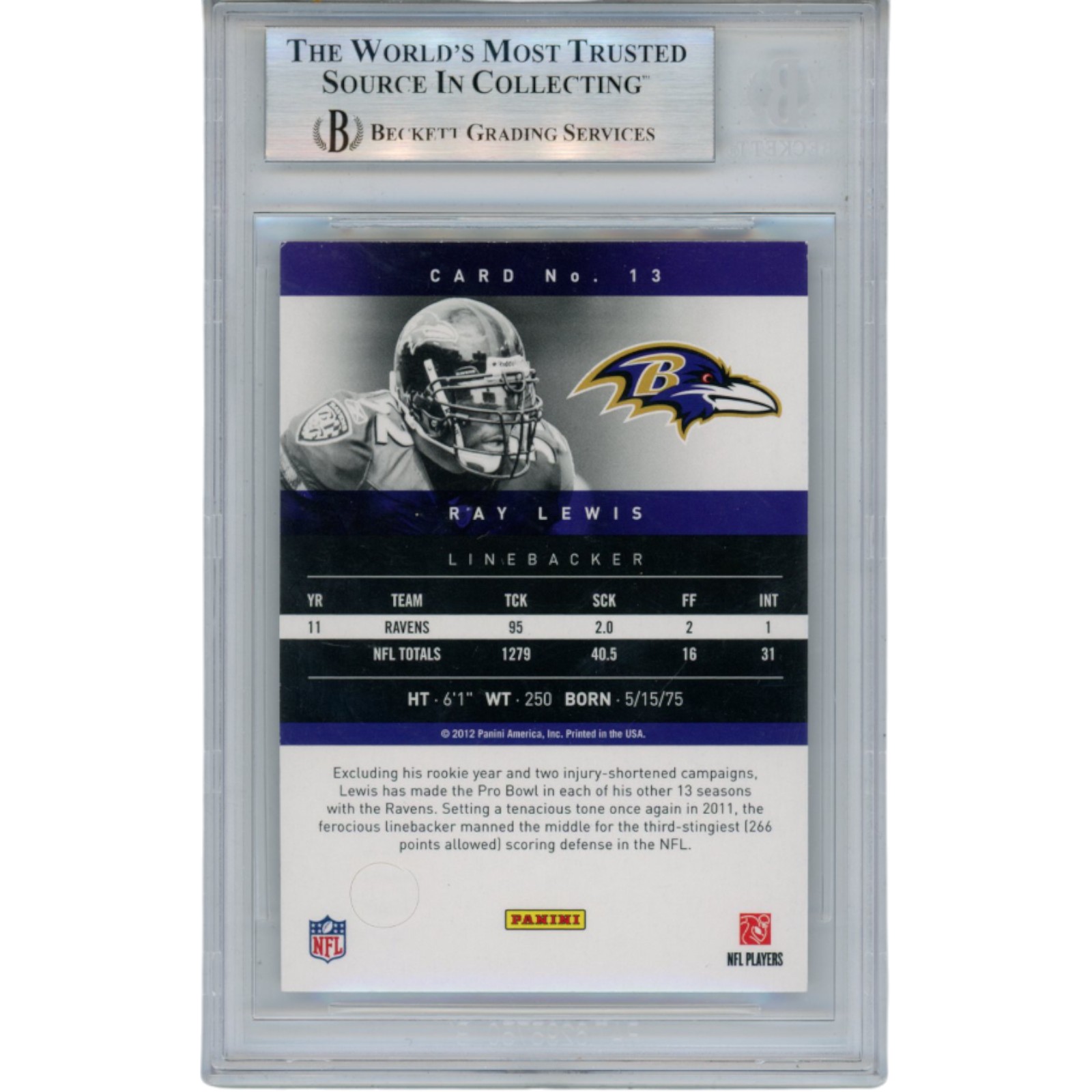 Ray Lewis Autographed/Signed 2012 Prestige #13 Trading Card Slab Beckett 53477 2 Ray Lewis Autographed/Signed 2012 Prestige #13 Trading Card Slab Beckett 53477
