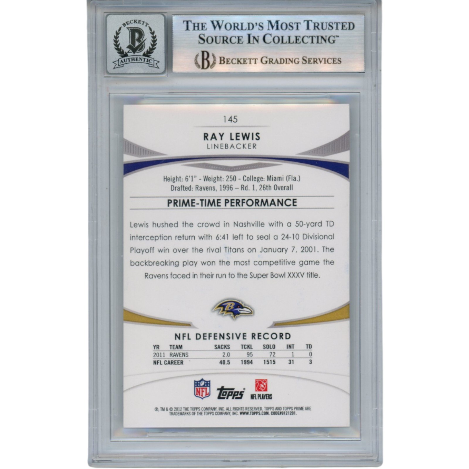 Ray Lewis Autographed 2012 Topps Prime #145 Trading Card Beckett 52948